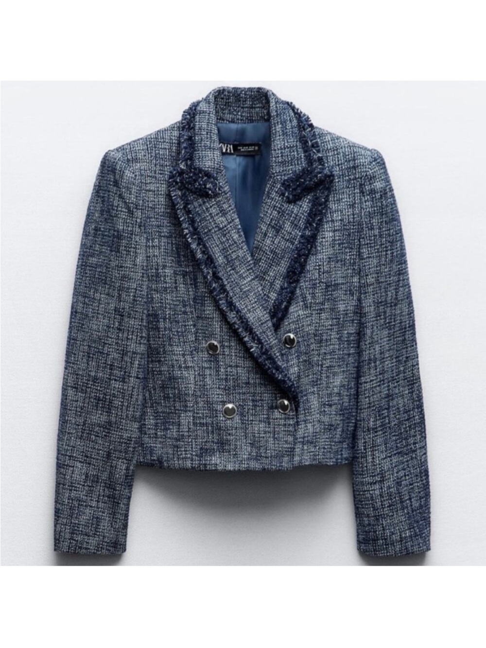 Zara Blue Tweed Double-Breasted Cropped Blazer